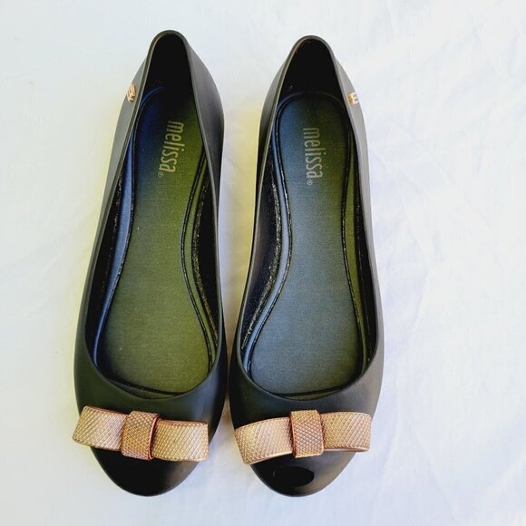 Melissa Women's Black Peep Toe Ultragirl Sweet Bow Flats - size 5 - Picture 3 of 10